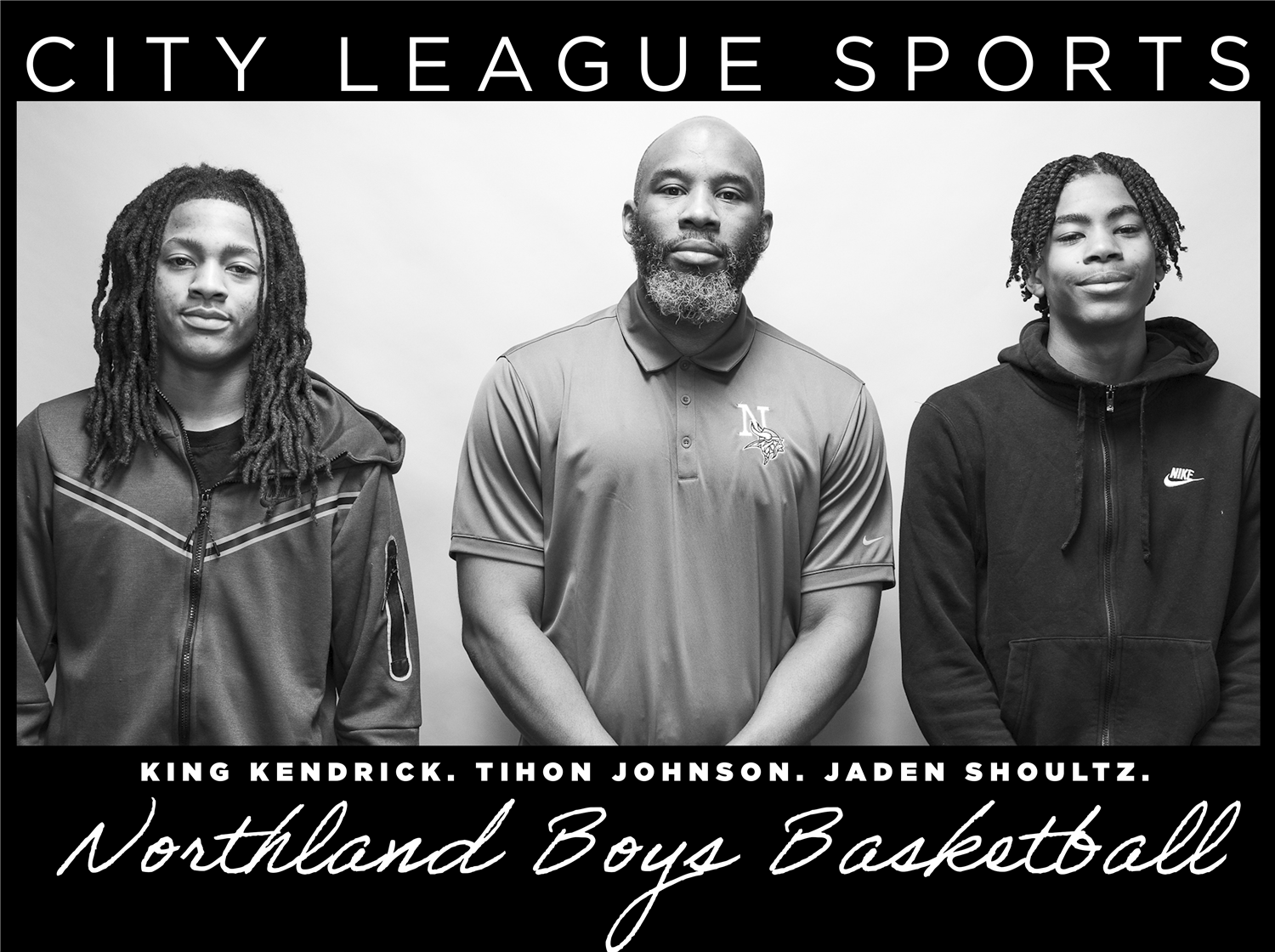  two student athletes and their coach photographed in black and white